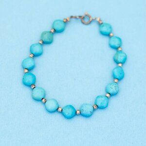 7 1/2 inch, Vintage Teal Blue Stone Beads Sterling Silver Beaded Bracelet - N35